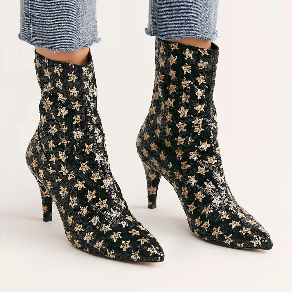 Free People Starry Black and Gold Heeled Boots - Picture 2 of 13